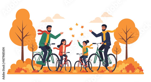 Family Cycling Together in Autumn, Enjoying the Colorful Outdoors with Trees and Leaves.