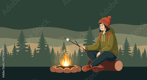 Enchanting Evening: A Solo Camper Roasting Marshmallows and Taking in the Scenery