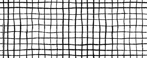 Seamless pattern black and white geometric plaid. Cute grid texture. Naive crayon drawn horizontal and vertical lines background. Kids checkered wrapping paper. Vector boodle line, stripes background.