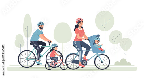 Family Cycling Together Through a Park, Enjoying Outdoor Adventure and Recreational Time