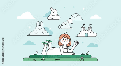 Enchanting Illustrative Composition: Child's Daydream Featuring Cloud Animals and a Fairytale