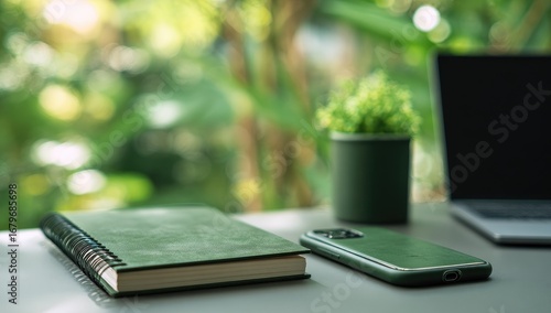 Green notebook, phone, and laptop on a desk, blurred greenery background