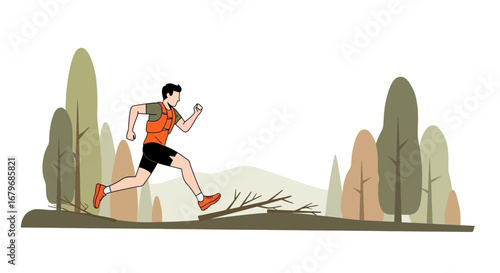 Energetic Athlete Jumps Over Obstacle In Forest Park During Outdoor Sport Activities