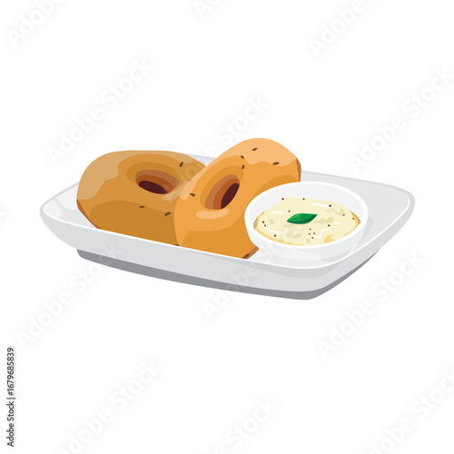 Vector Illustration of Indian Snack, Vada or Vadai with chutney on plate