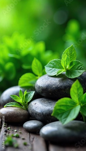 Wallpaper Mural Close-up of lush green herbs and flowers, nestled amongst smooth, unblemished stones, representing the natural ingredients in handcrafted cosmetics , wellness, green Torontodigital.ca