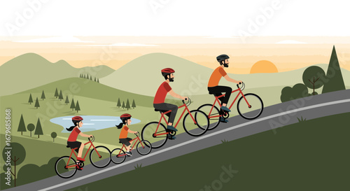 Family enjoying a scenic bike ride together for recreation and exercise in the countryside