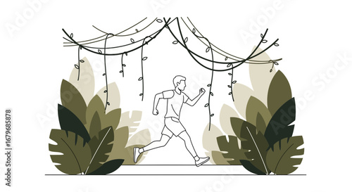 Energetic Athlete Runs Through Lush Foliage Underneath Jungle Vines in Pursuit