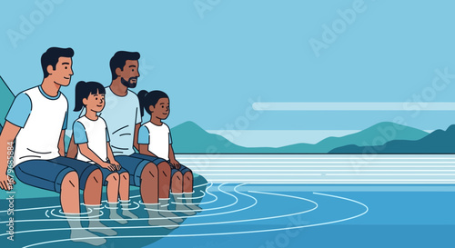 Family Enjoying A Scenic Lakeside View On A Sunny Day With Serene Water And Mountains In The