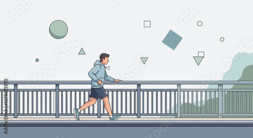 Energetic Athlete Runs Alongside Decorative Bridge, Demonstrating Active Lifestyle and Health