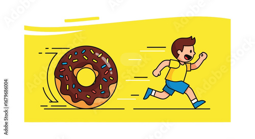 Energetic Boy Pursuing Delicious Donut On Yellow Background For Nutritional Concept