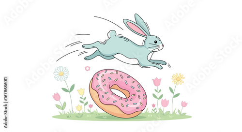 Energetic Bunny Leaping Over Donut In A Field Of Vibrant Spring Flowers