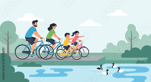 Family Enjoying Leisure Time, Riding Bikes Outdoors During a Beautiful Day