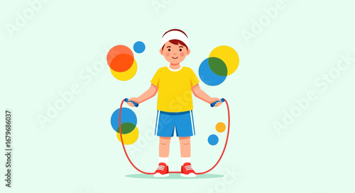 Energetic Child Jumping Rope Amidst Colorful Bubbles During Physical Activity