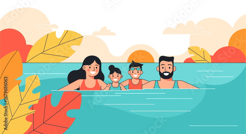 Family Enjoying Summer Days Together in Pool, Happy Family Concept, Swimming Fun Time