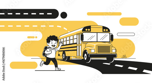 Energetic Child Waves Farewell to School Bus, Demonstrating Joyful Transportation