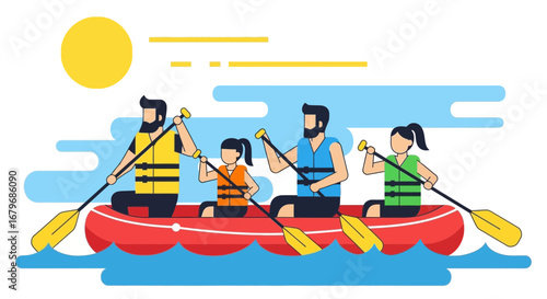 Family Enjoying Watersports Adventure Rafting On A Sunny Day With Friends