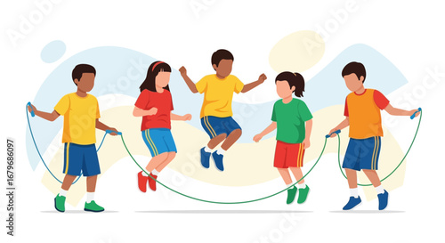 Energetic Children Jumping Rope in Vibrant Colors: A Fun Activity Image