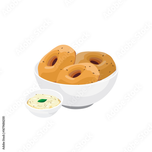Vector Illustration of Indian Snack, Vada or Vadai with chutney in bowl