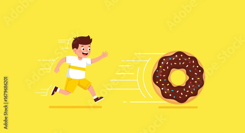 Energetic Depiction Of A Child Chasing A Donut On a Vibrant Yellow Background