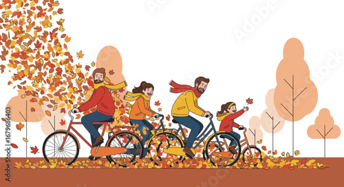 Family Outing: Riding Bicycles Through Autumnal Foliage Surrounded By Falling Leaves