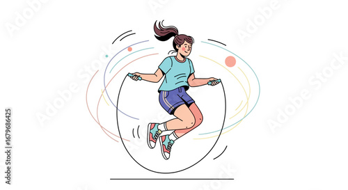 Energetic Girl Jumps Rope in Playful Illustration with Dynamic Movements