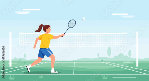 Energetic Girl Playing Badminton On Green Field Under Bright Blue Sky Illustration