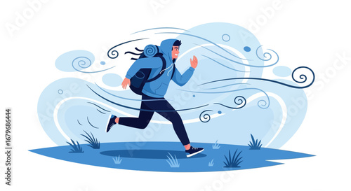 Energetic Hiker Bravely Navigating Harsh Wind, Displaying Determination and Resilience Perfectly