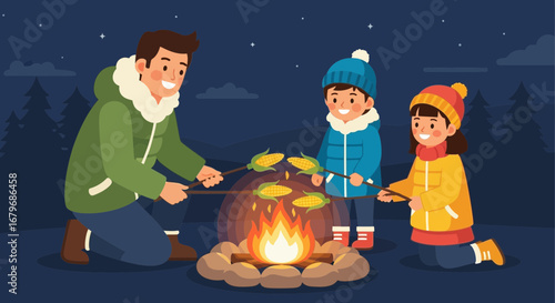 Family roasting corn over campfire at night sharing quality time and enjoying holiday
