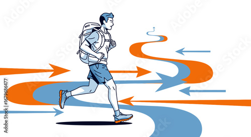 Energetic Hiker Making Progress Toward The Destination With Directional Guides