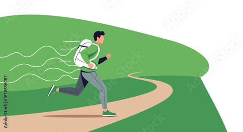 Energetic Hiker Runs Uphill On A Winding Trail Into The Fresh Green Landscape Scene