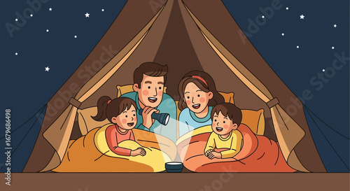 Family storytelling inside a tent under the stars camping at night enjoying free time