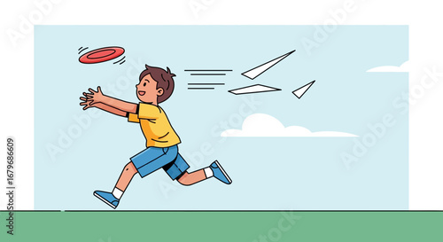 Energetic Kid Running Towards Frisbee: Fun and Playful Outdoor Activity in Summertime