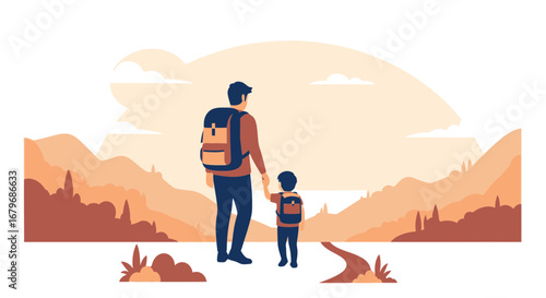 Father And Son Hike Through Scenic Mountains, Exploring Nature Together On An Adventure