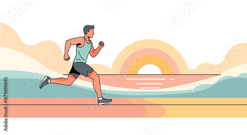 Energetic Male Runner Enjoying a Beautiful Sunny Coastal Scene During Early Morning Exercise