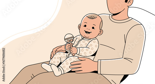 Father Holding Delightful Baby Playing With Rattle in Modern Minimalist Style Visual