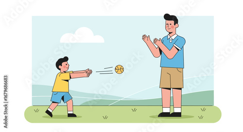 Father And Son Playing, Throwing The Ball On A Sunny Day At The Park Together