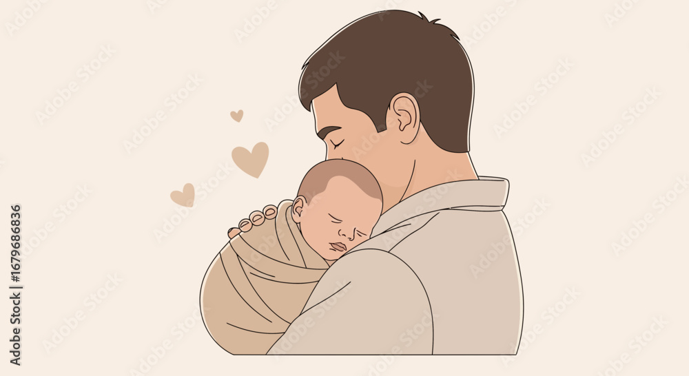Obraz premium Father's Tender Embrace: A Gentle Illustration of Parental Love and Comfort Offered