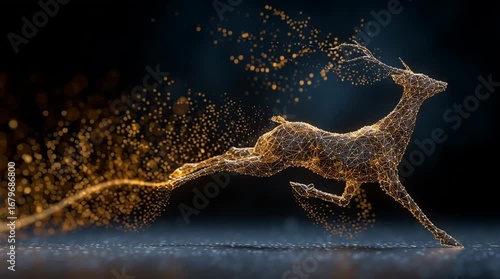Wallpaper Mural Magical golden particle trail forms an elegant reindeer leaping through the air, glowing against a dark, snowy background, perfect for festive, fantasy, or winter-themed designs. Torontodigital.ca