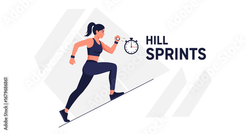 Female Athlete Executes Hill Sprints Workout, Timing Performance With Stopwatch and Speed