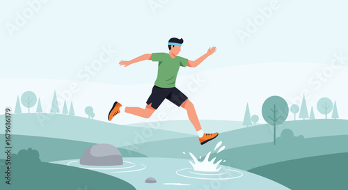 Energetic Runner Leaping Across Stream Vector Illustration In Scenic Landscape