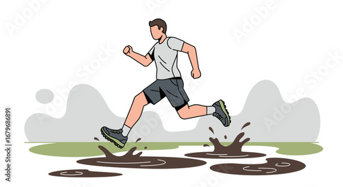 Energetic Runner Leaping Over Muddy Puddles, Achieving Maximum Performance And Endurance