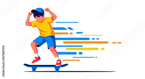 Energetic Skateboarder Joyfully Performing Tricks, Expressing Movement and Speed in Illustration