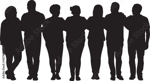 Silhouette of seven people standing together with arms around shoulders group friends
