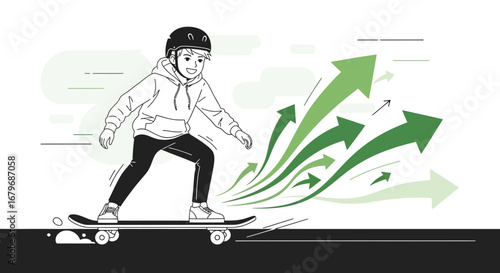 Energetic Skater Riding Towards Success With Upward Arrows Illustrating Growth and Progress