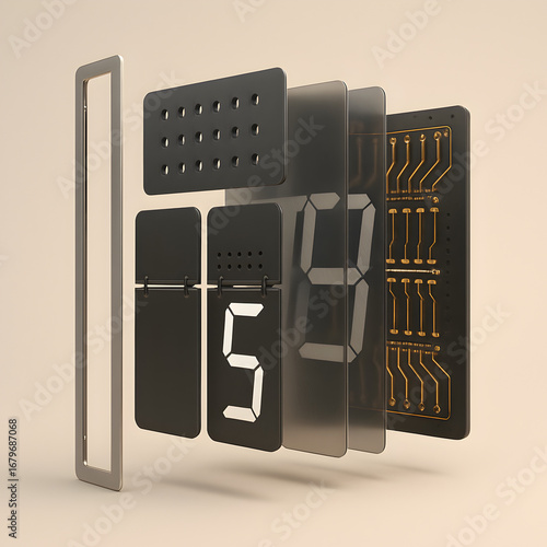 Digital clock components: An artful deconstruction reveals the inner workings of a digital clock, with each element meticulously separated to showcase its functionality.