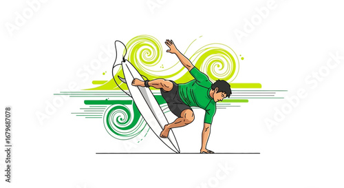 Energetic Surfer Balancing on Board Against Abstract Green Swirls And White Background