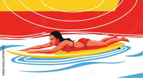 Female Surfer Paddles Out With Determination Under A Vivid, Bold, And Dramatic Sky