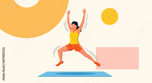 Energetic Woman Doing Jumping Jacks Against Abstract Background For Fitness Illustrations