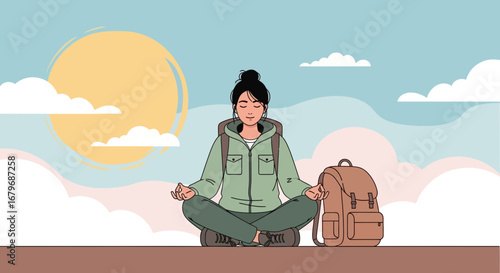 Female Traveler Meditates Outdoors with Backpack During a Peaceful Sunrise Scene