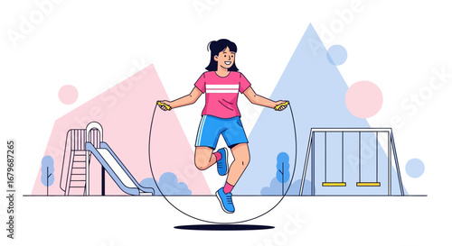 Energetic Woman Jumping Rope Outside Near Playground For Exercise And Wellness